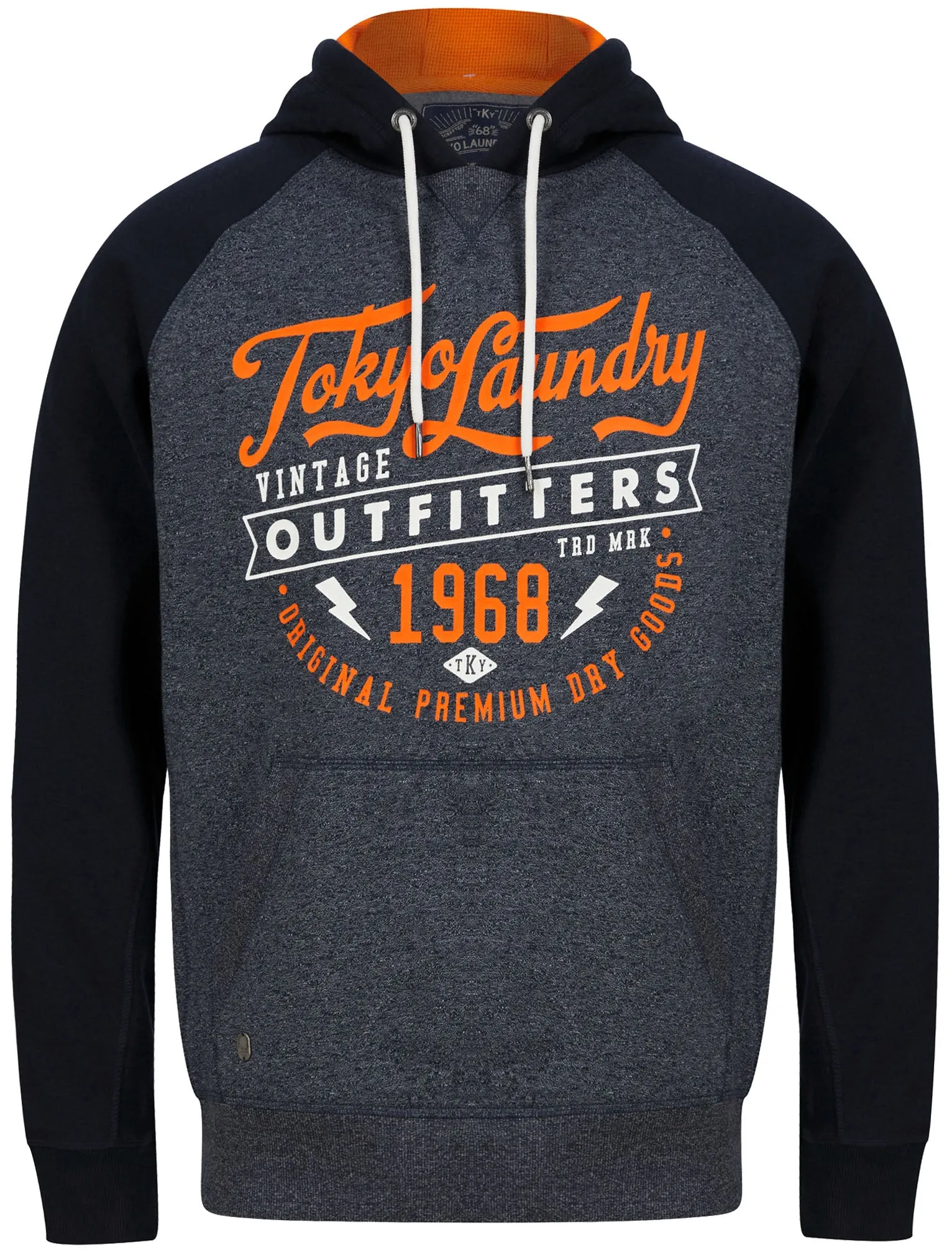Bannering Raglan Sleeve Brushback Fleece Pullover Hoodie in Navy Grindle - Tokyo Laundry