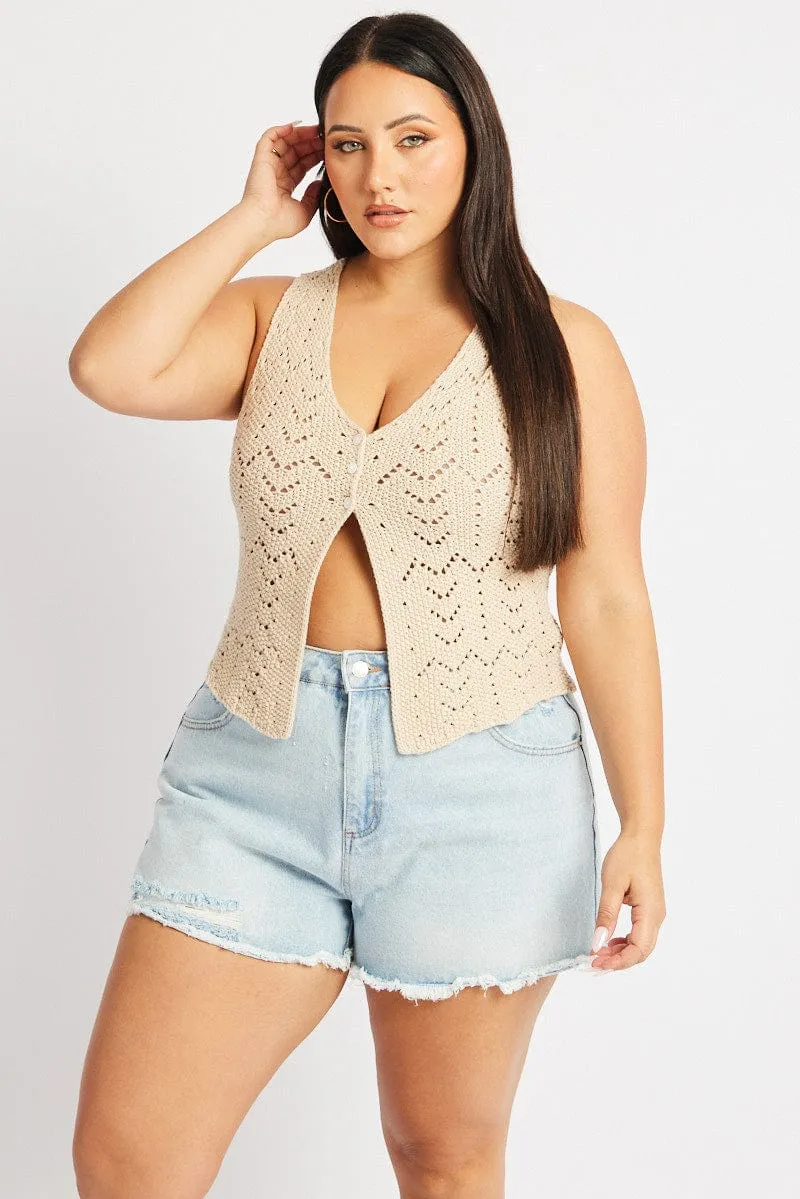 Beige Crochet Knit Vest