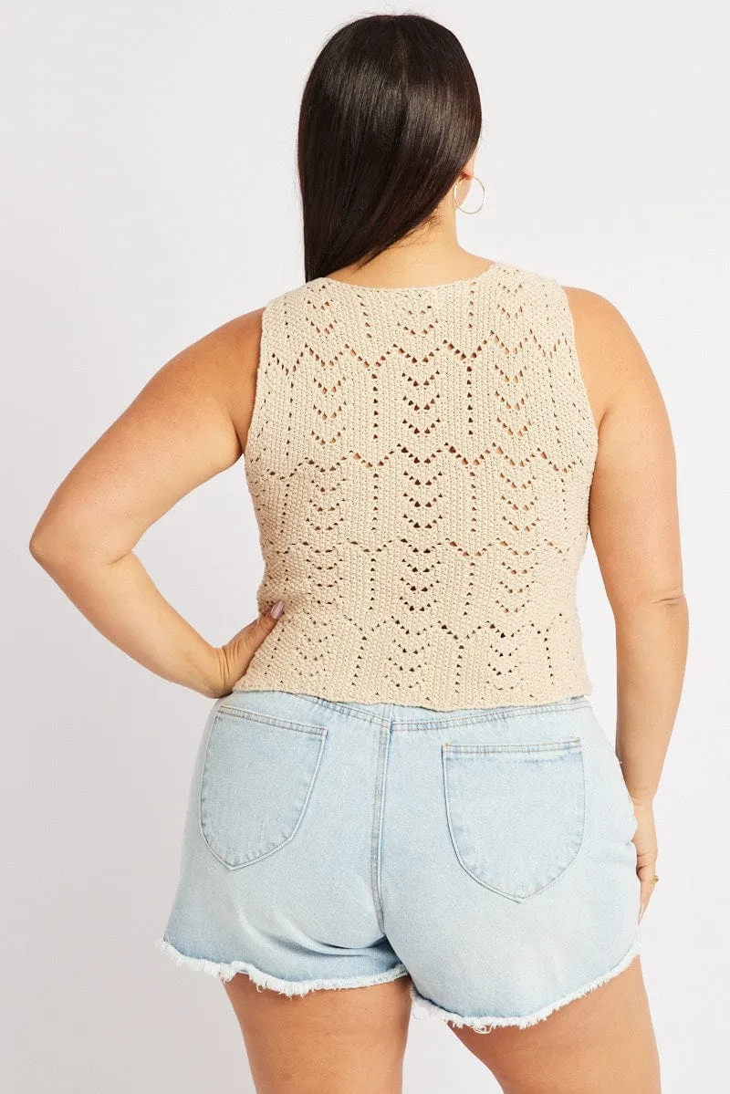 Beige Crochet Knit Vest