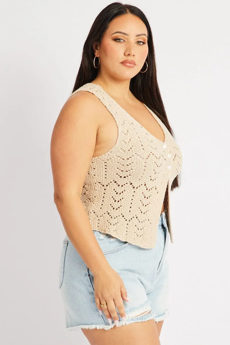 Beige Crochet Knit Vest