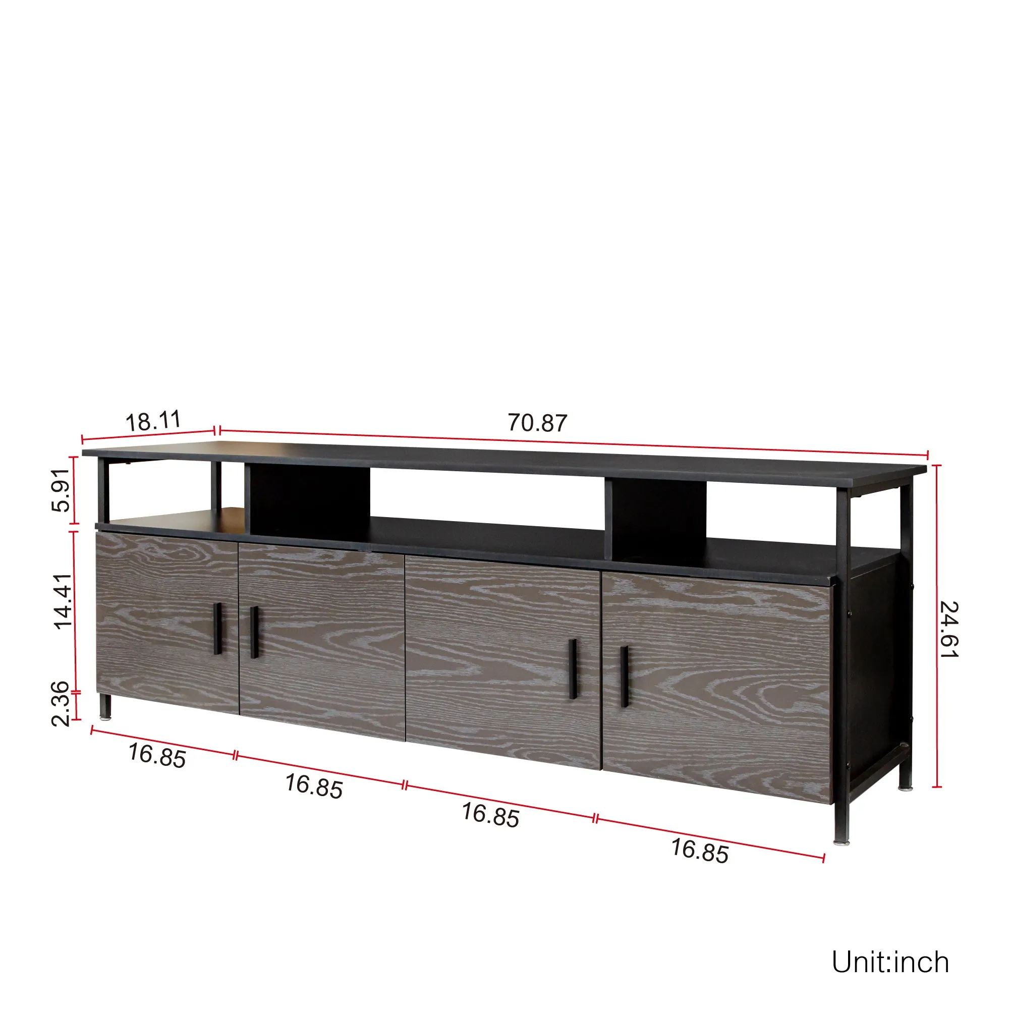 Black modern simple wood grain TV cabinet 80-inch TV stand, open shelving multi-layer storage