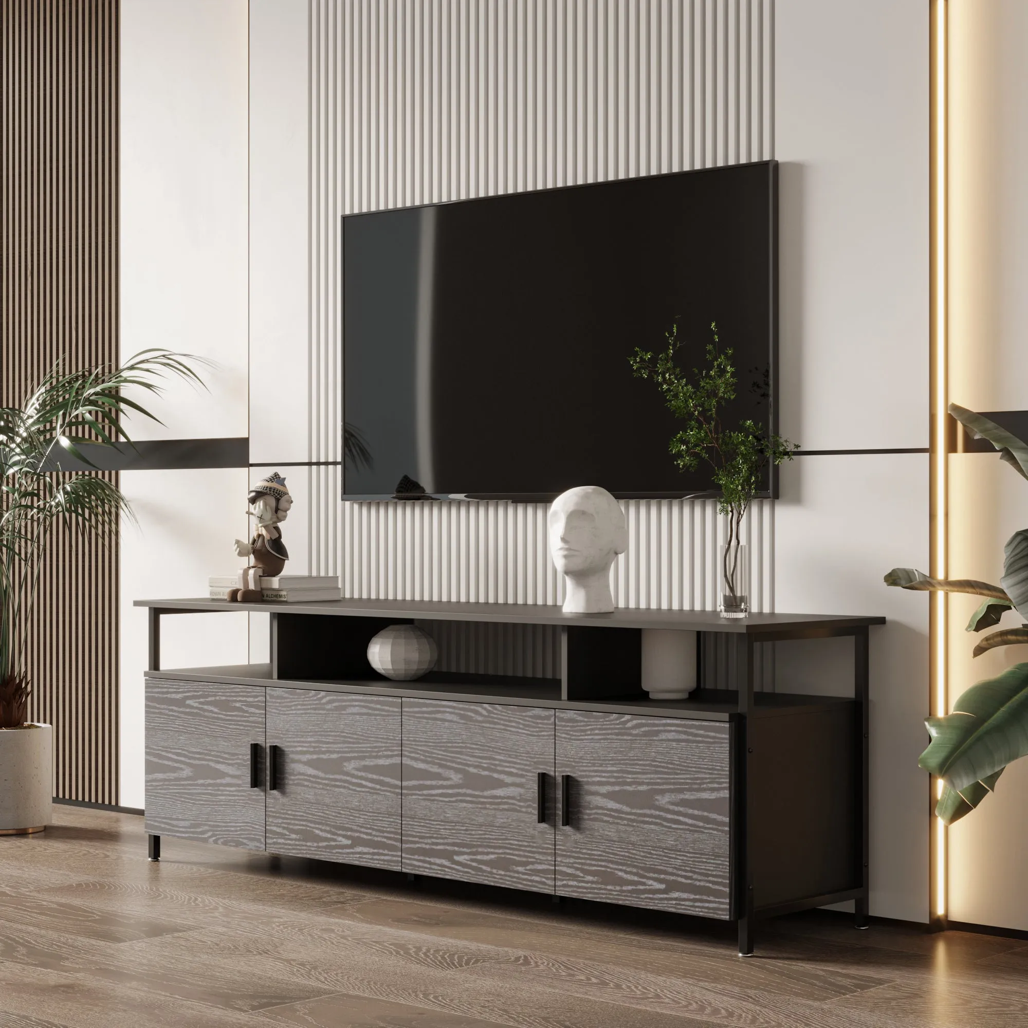 Black modern simple wood grain TV cabinet 80-inch TV stand, open shelving multi-layer storage