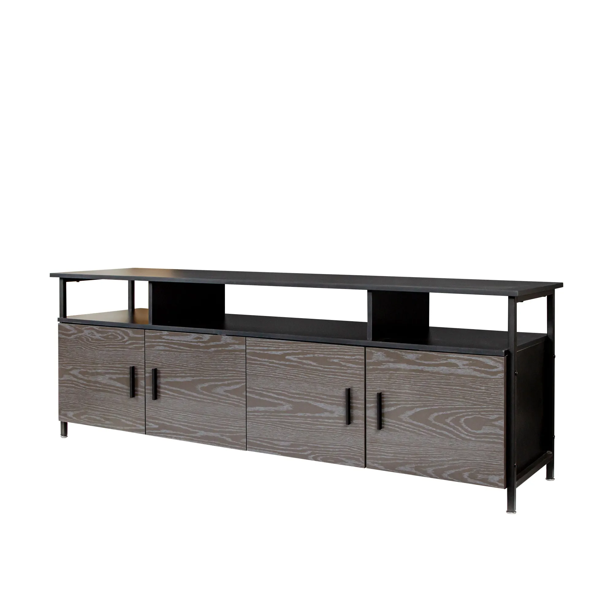 Black modern simple wood grain TV cabinet 80-inch TV stand, open shelving multi-layer storage