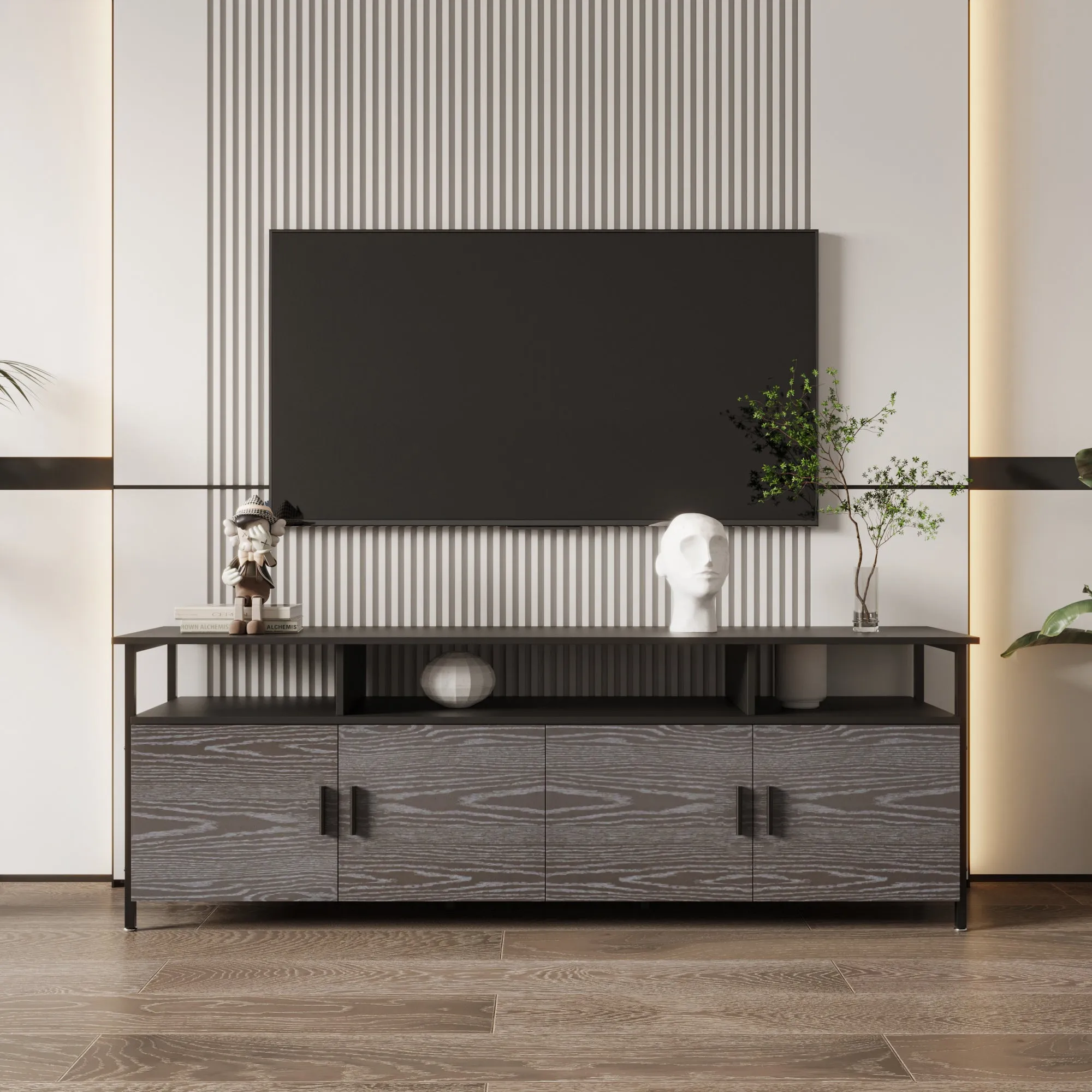 Black modern simple wood grain TV cabinet 80-inch TV stand, open shelving multi-layer storage