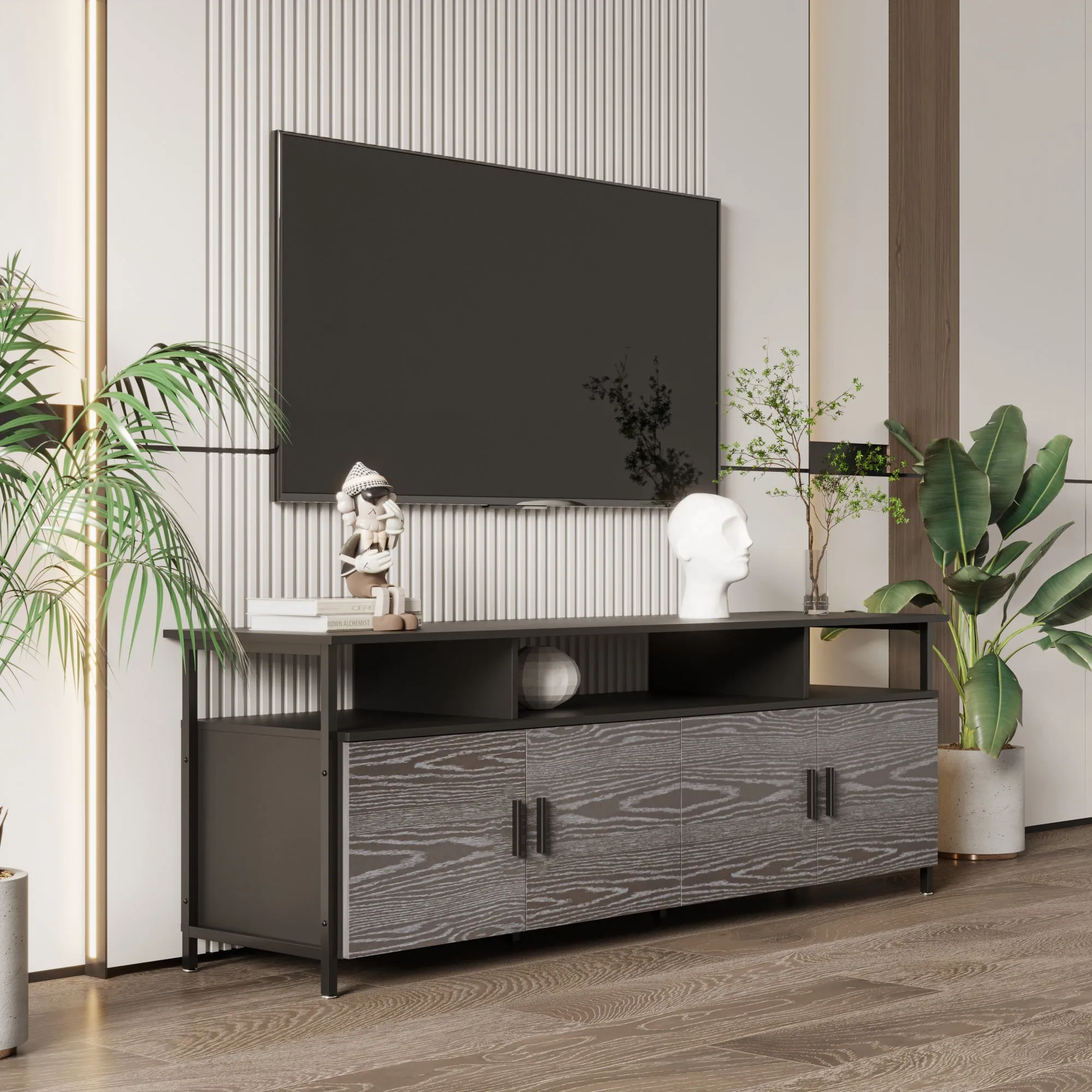 Black modern simple wood grain TV cabinet 80-inch TV stand, open shelving multi-layer storage
