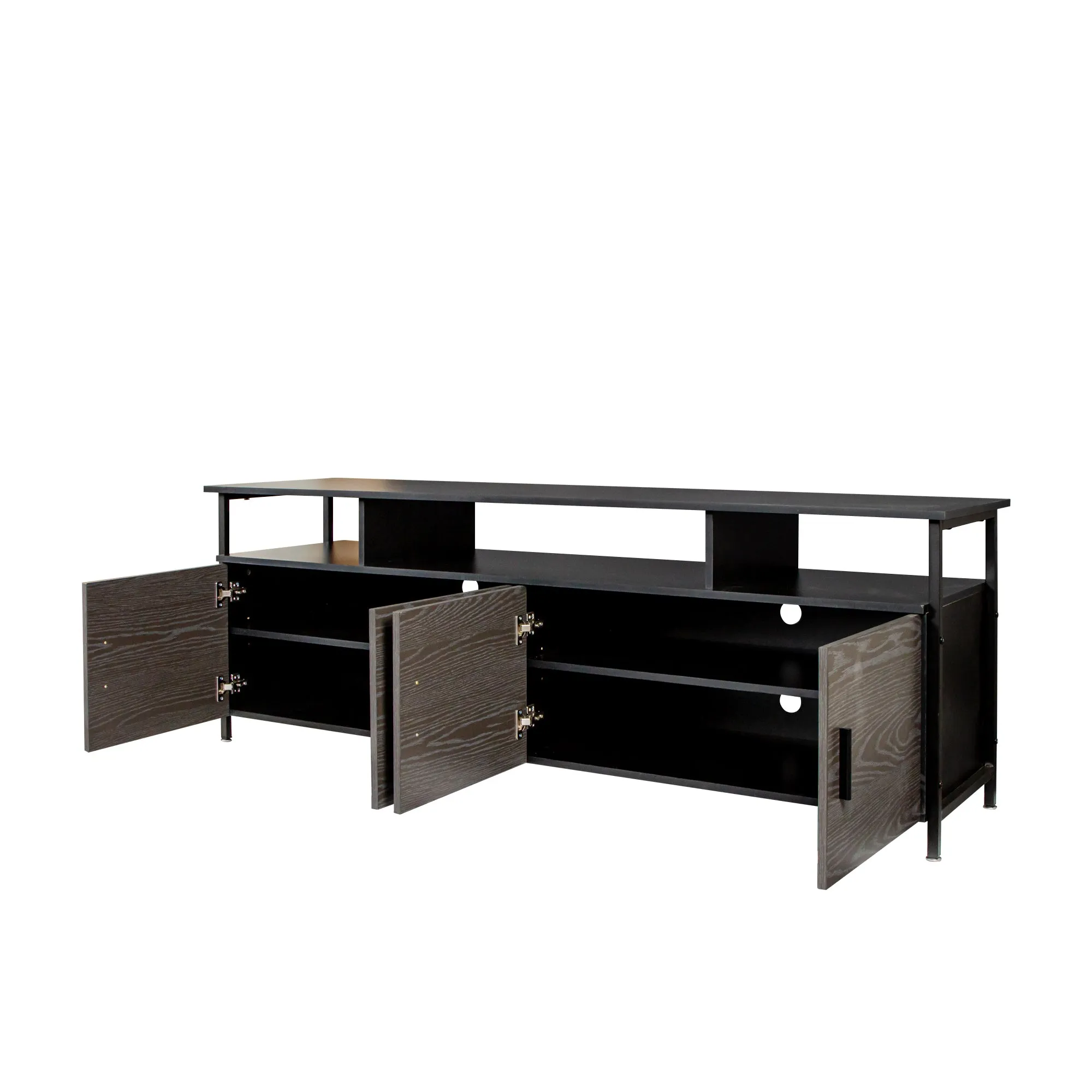 Black modern simple wood grain TV cabinet 80-inch TV stand, open shelving multi-layer storage
