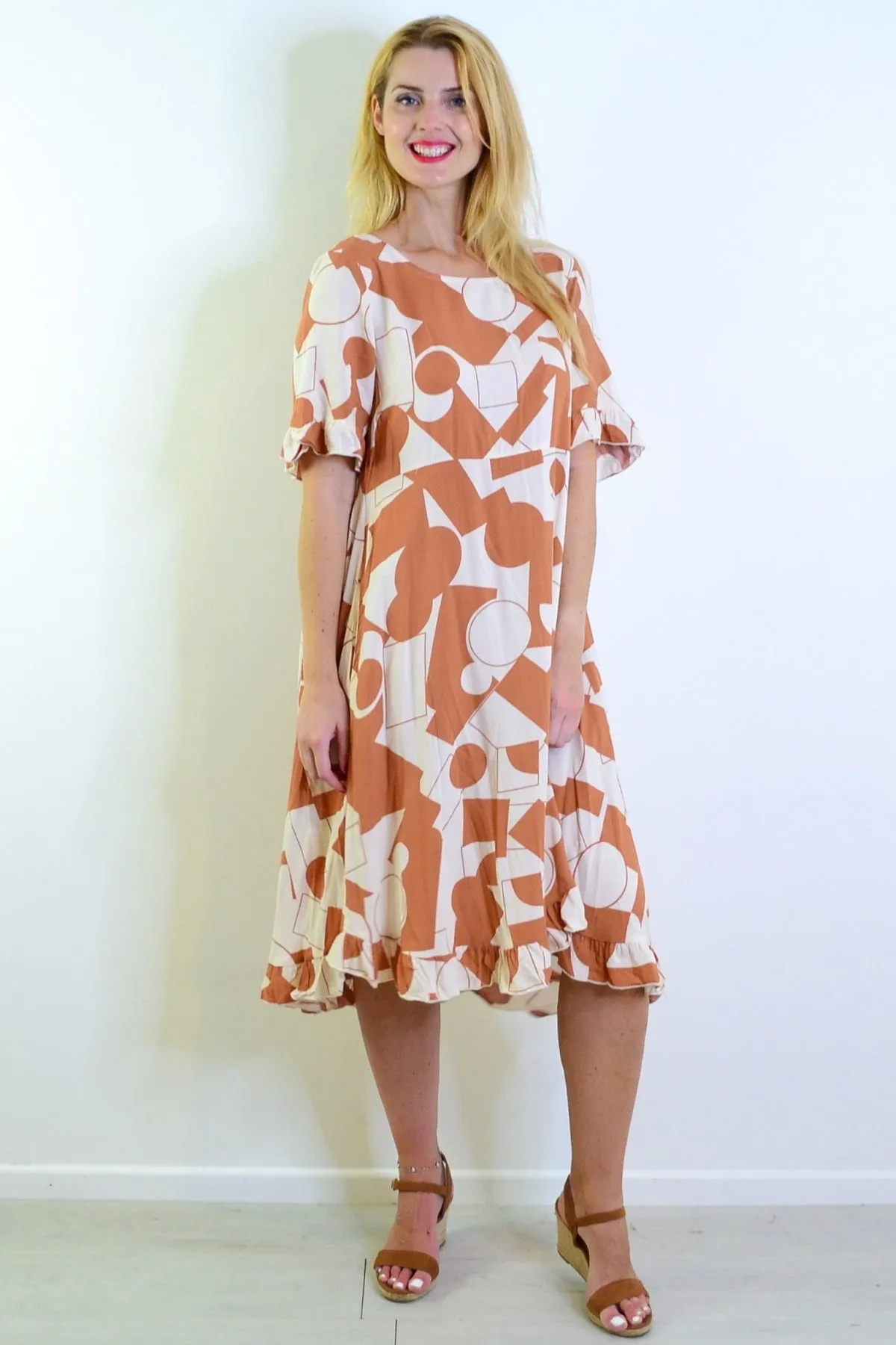 Coffee Cream Print Summer Dress