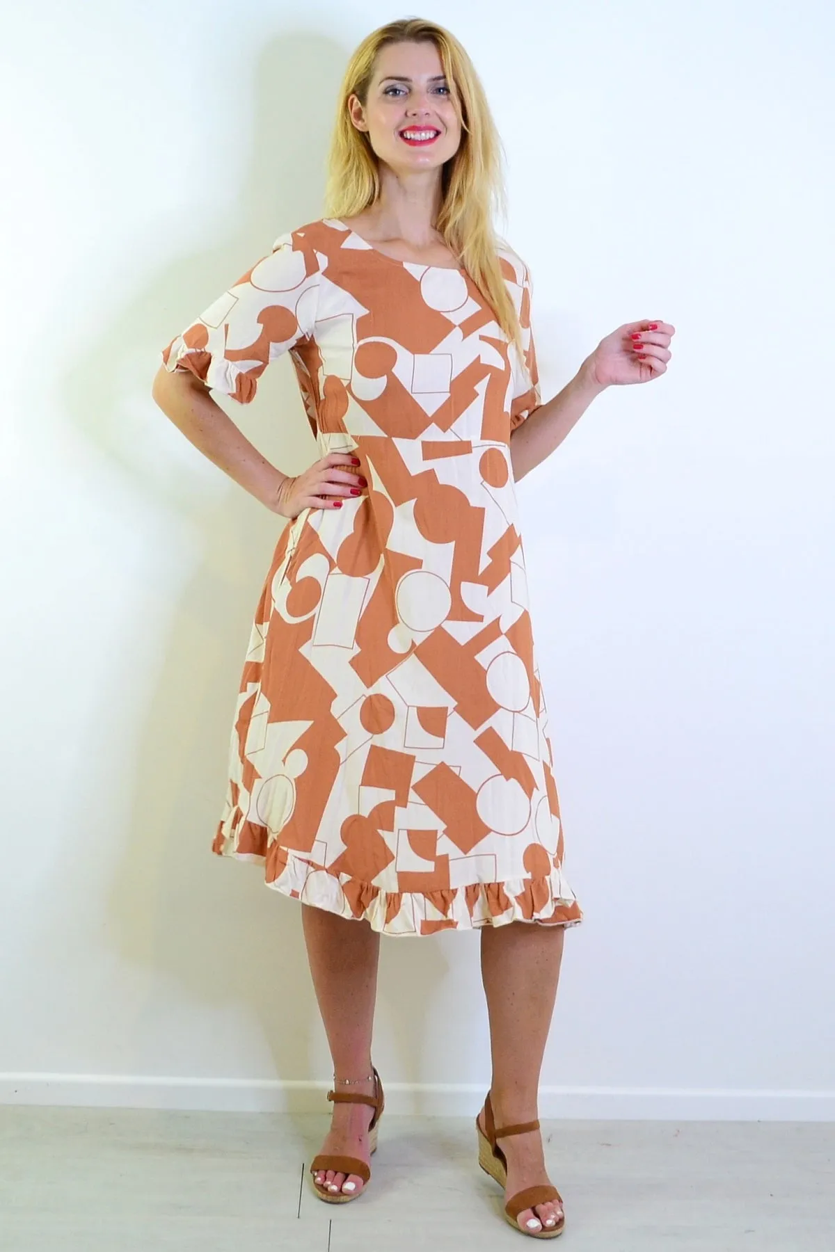 Coffee Cream Print Summer Dress