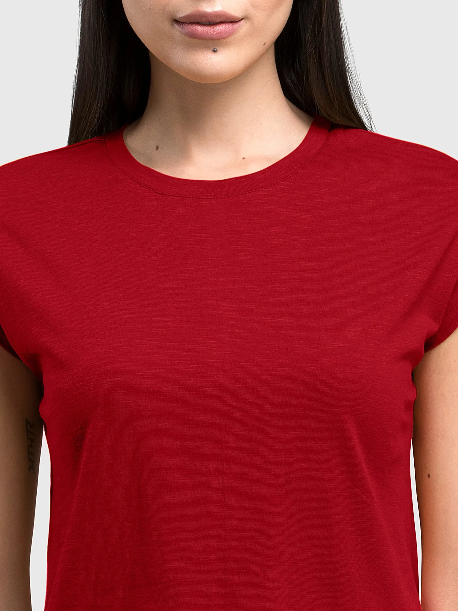 Cotton Drop Shoulder Knitted T Shirt - Red