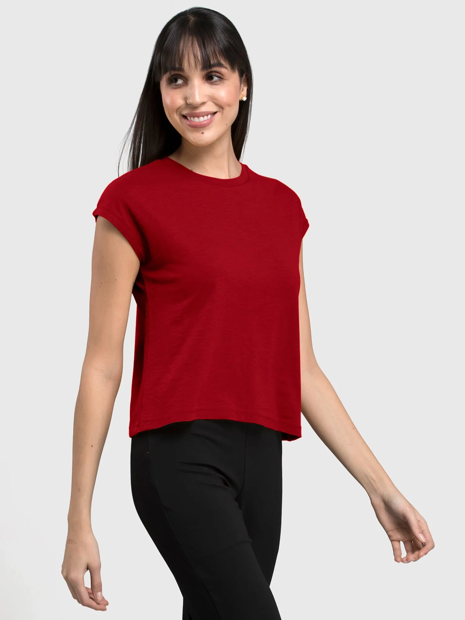 Cotton Drop Shoulder Knitted T Shirt - Red