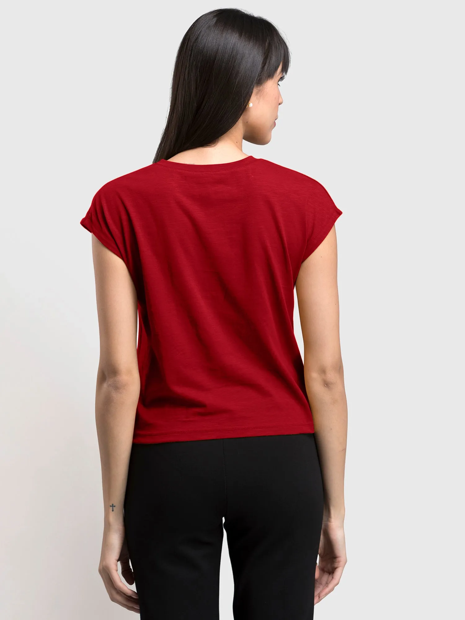 Cotton Drop Shoulder Knitted T Shirt - Red