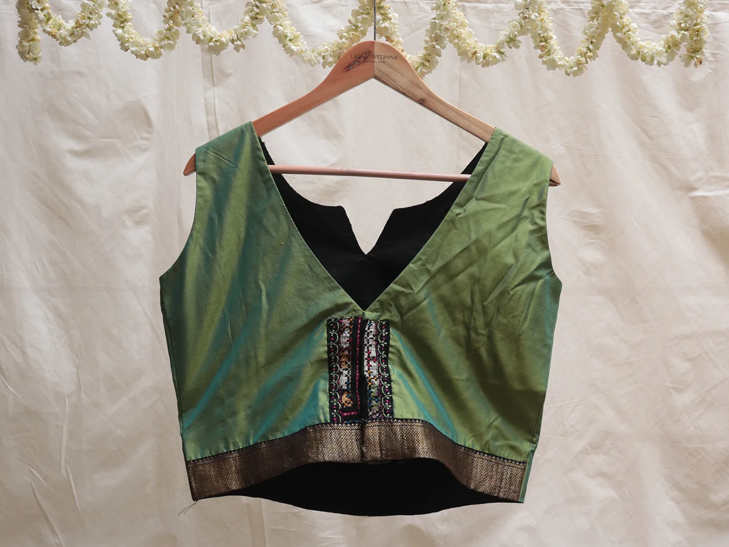 Crocodile green and black embroidery blouse