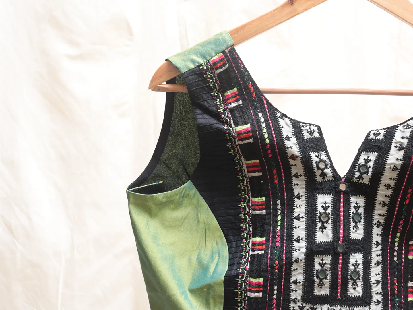 Crocodile green and black embroidery blouse