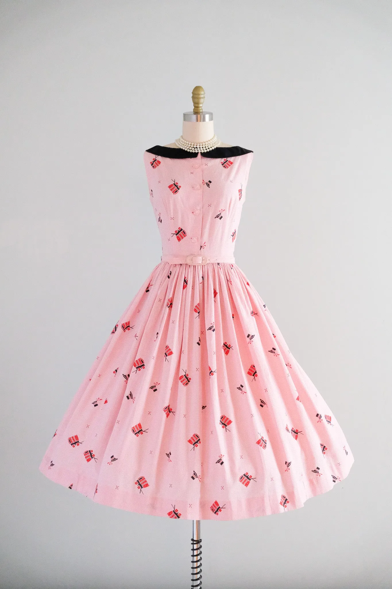Darling 1950's Prairie Novelty Print Red Gingham Cotton Sundress / XS