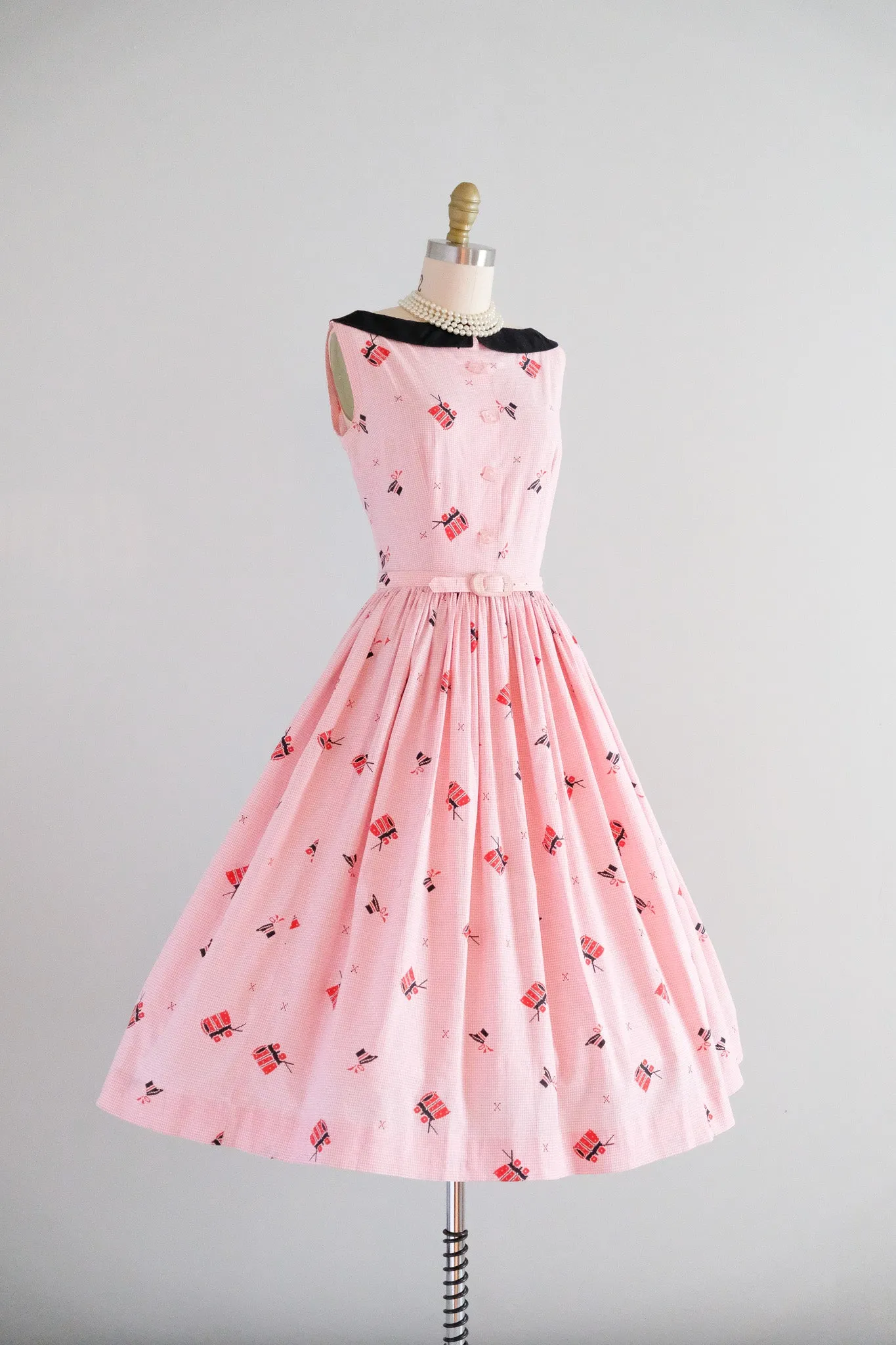 Darling 1950's Prairie Novelty Print Red Gingham Cotton Sundress / XS