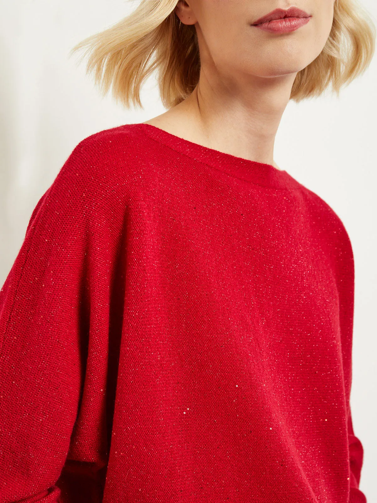 Dolman Sequin Cashmere Sweater, Red