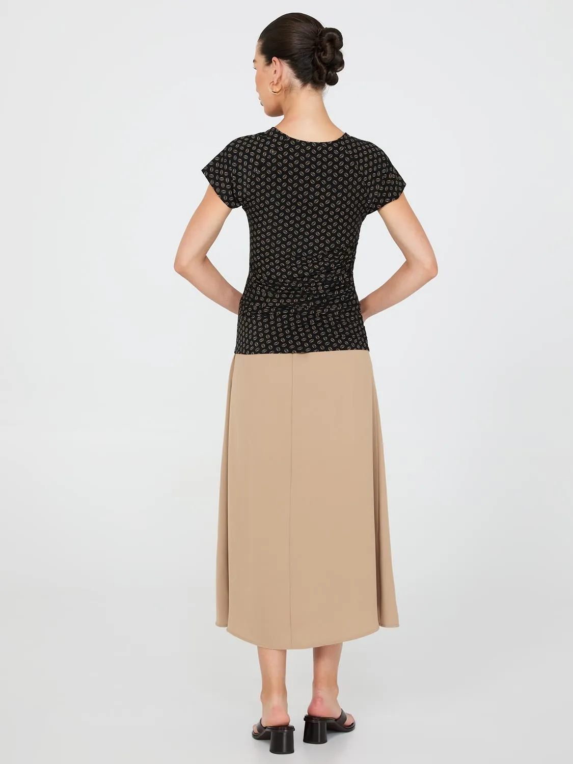 Geo Print Short Raglan Sleeve Top With Side Pleats