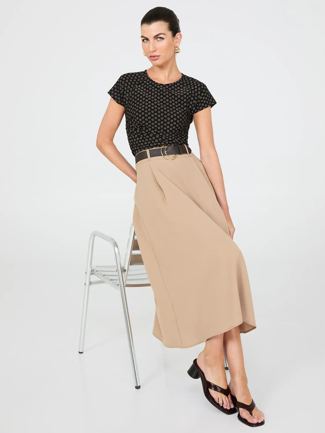 Geo Print Short Raglan Sleeve Top With Side Pleats