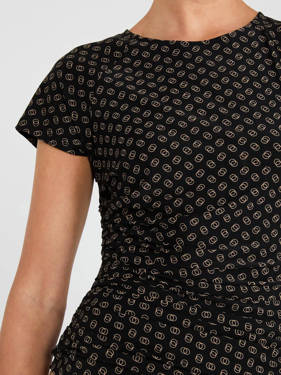 Geo Print Short Raglan Sleeve Top With Side Pleats