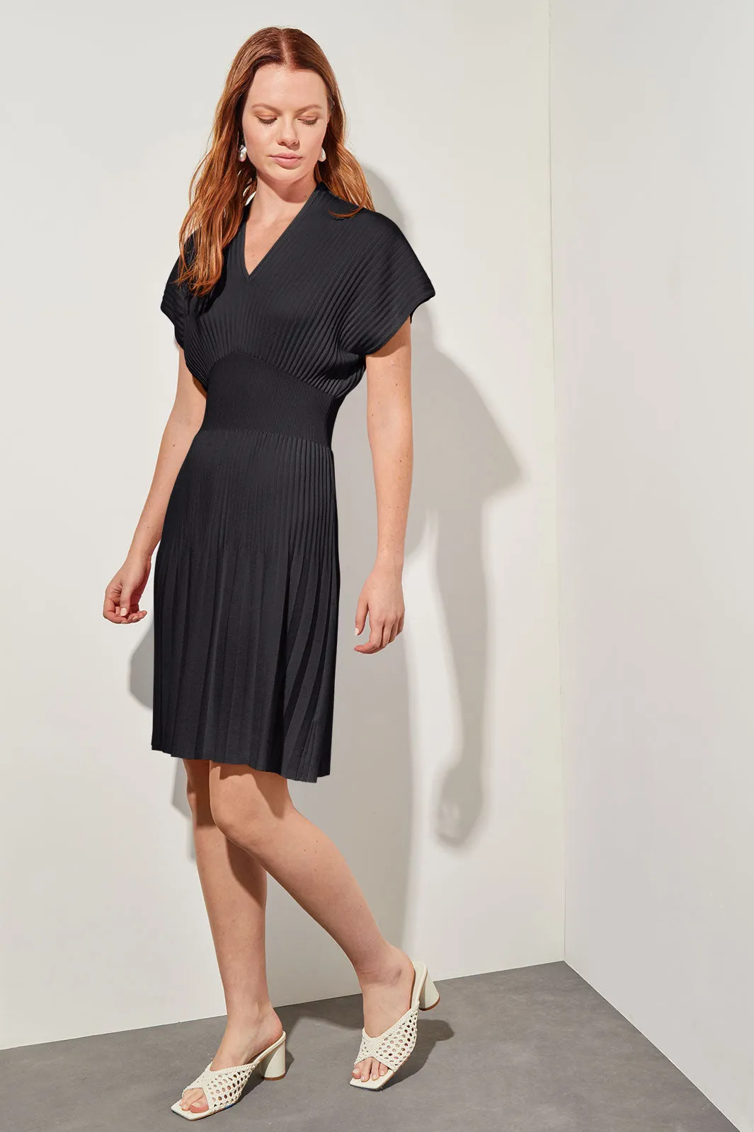 Knee-Length Flare Dress - Faux Pleat Soft Knit, Black