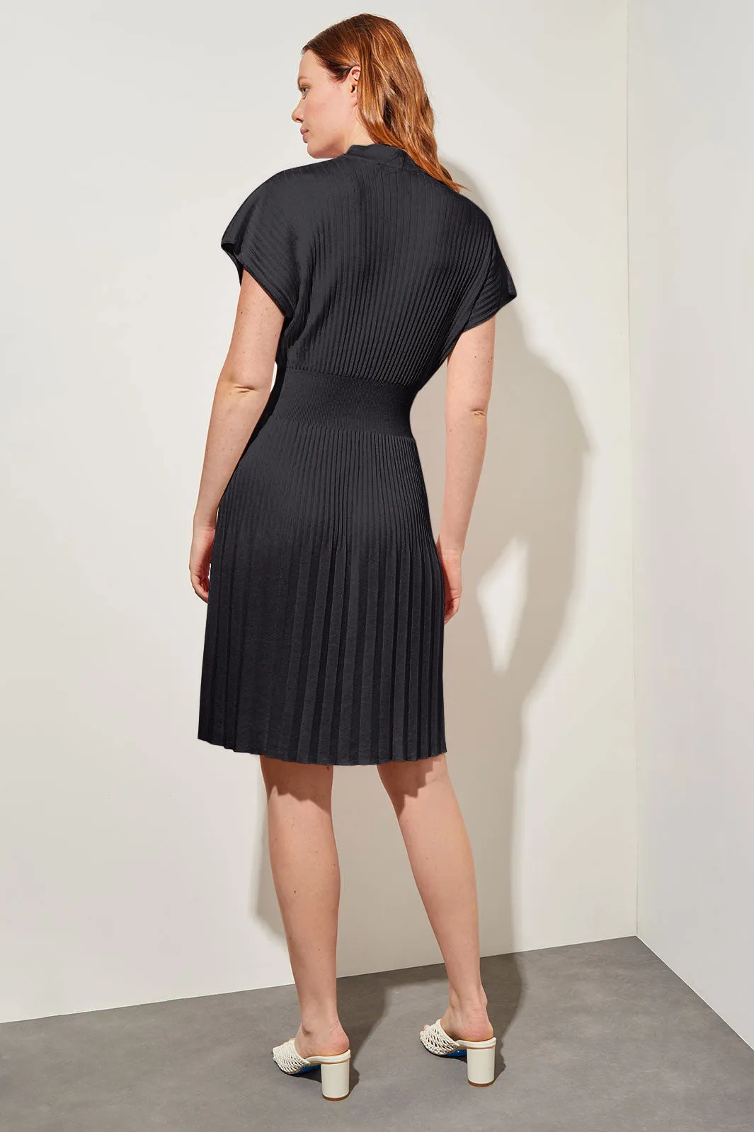 Knee-Length Flare Dress - Faux Pleat Soft Knit, Black