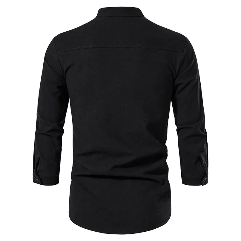 Mens Cotton Linen Shirts Casual Long Sleeve Button Up Shirts Fashion Business Tops with Pocket  | A276