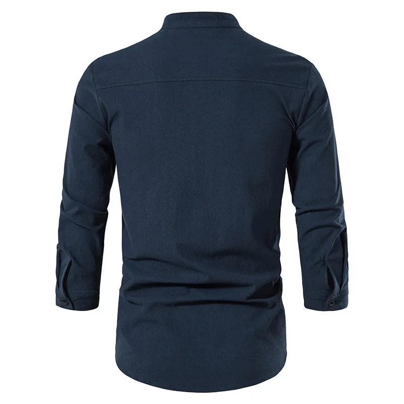 Mens Cotton Linen Shirts Casual Long Sleeve Button Up Shirts Fashion Business Tops with Pocket  | A276