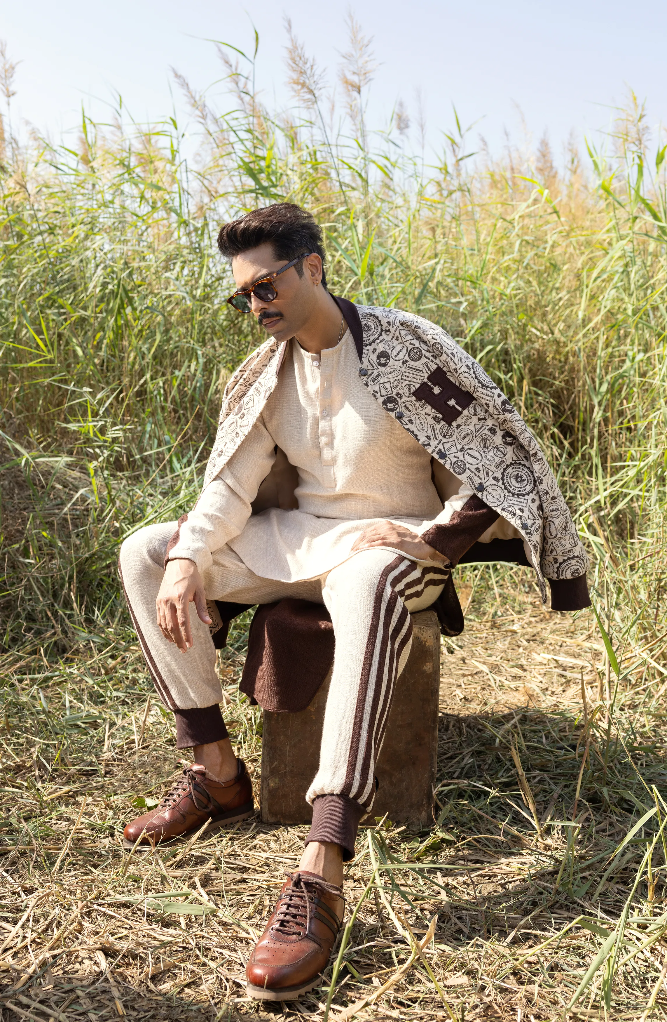 Straight Jute Kurta Paired with Pants and a Varsity Jacket